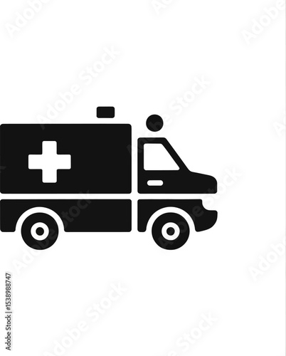 A simple black and white illustration of an ambulance with a cross on the side