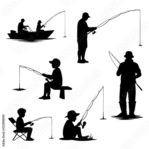 Silhouettes of people fishing in various poses