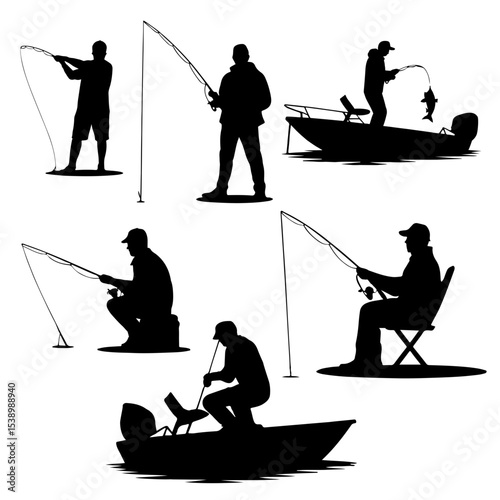 Silhouettes of people fishing in various positions