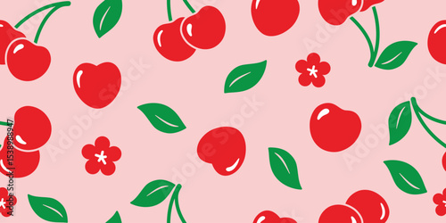 Cherry with flower seamless pattern. Kid decoration, , textiles, clothing, wrapping paper