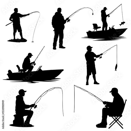 Silhouettes of people fishing in various poses