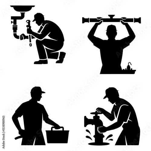 Silhouette illustrations of plumbers at work scenes