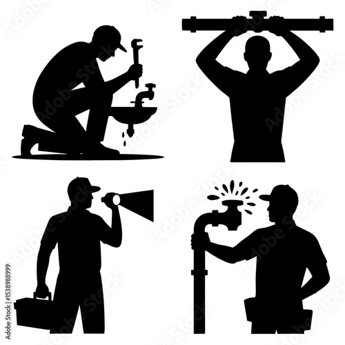 Silhouetted plumbers doing various plumbing tasks