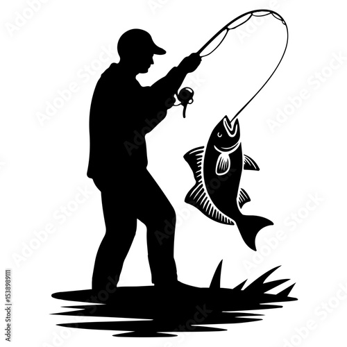 Silhouette of a fisherman catching a large fish
