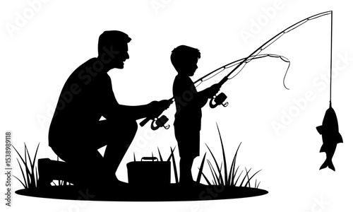 Silhouette of father and son fishing together outdoors