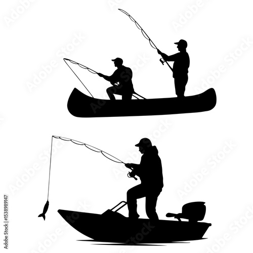 Silhouette of fishermen in boats with fishing rods