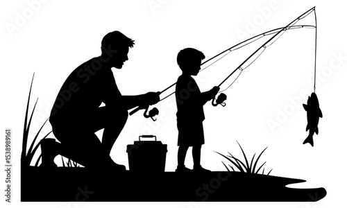 Silhouette of father and son fishing together outdoors