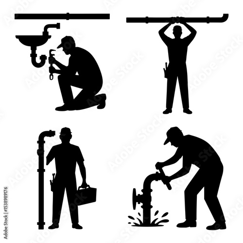 Silhouette of plumbers at work fixing pipes and sinks