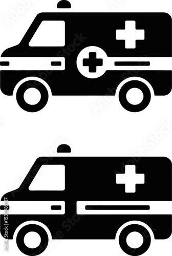 Two ambulance vehicles depicted in black and white graphic illustration style