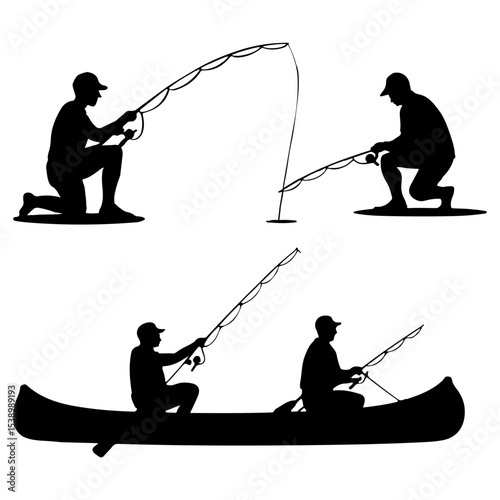 Silhouette of fishermen in various fishing poses