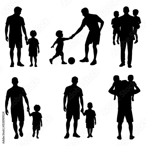 Silhouettes of fathers and children in various poses