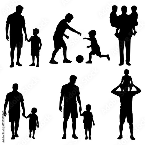 Silhouettes of fathers and children in various poses