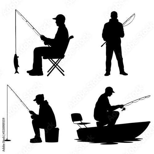 Silhouettes of fishermen in various positions