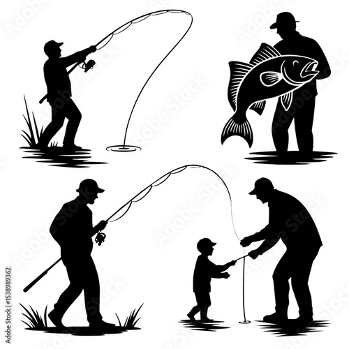 Silhouettes of fishermen catching fish activity