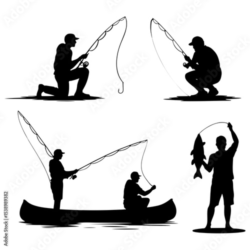 Silhouette illustrations of people fishing scenes