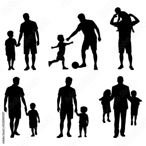 Silhouettes of fathers with children in various poses