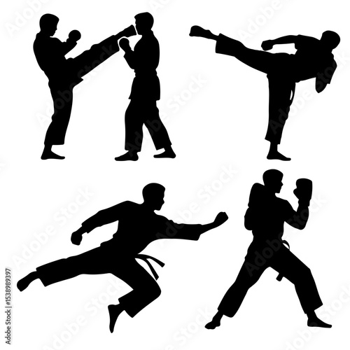 Silhouettes of martial artists in various poses