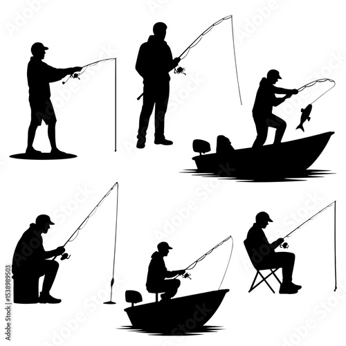 Silhouettes of people fishing in various poses