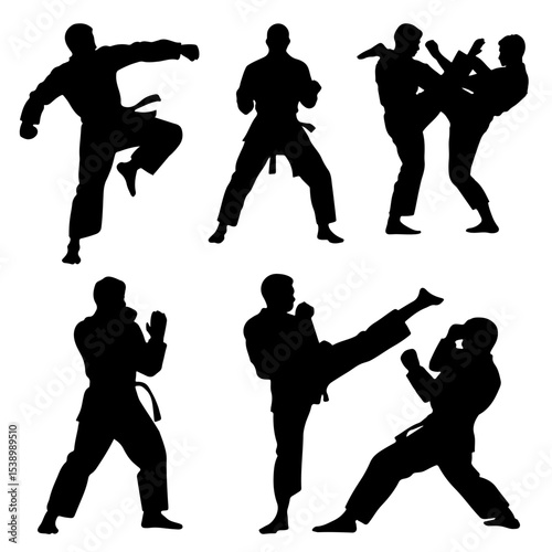 Silhouettes of martial artists in various stances