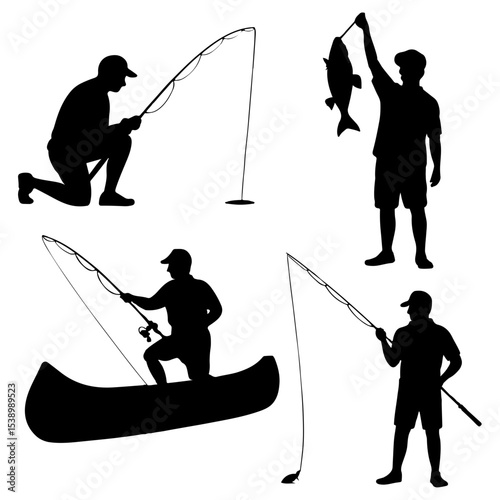 Silhouettes of men fishing in various positions