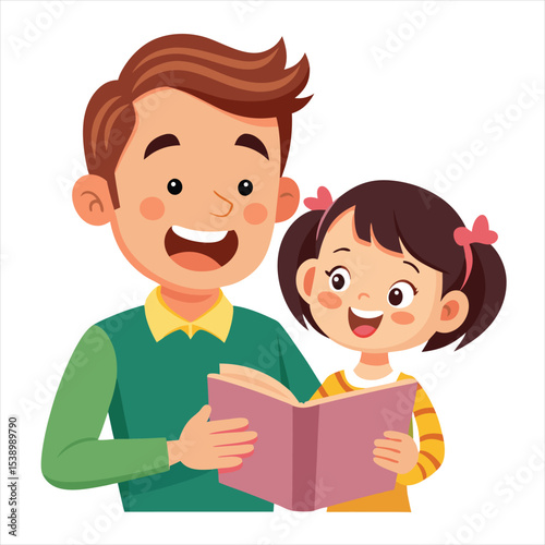 Happy Cartoon Father and Daughter Reading Book Together