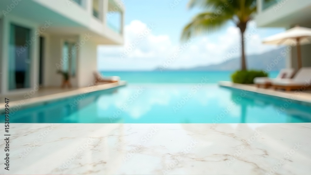 Fototapeta premium Beachfront table top, sunny day, sunset villa with infinity swimming pool. blurred blue ocean view