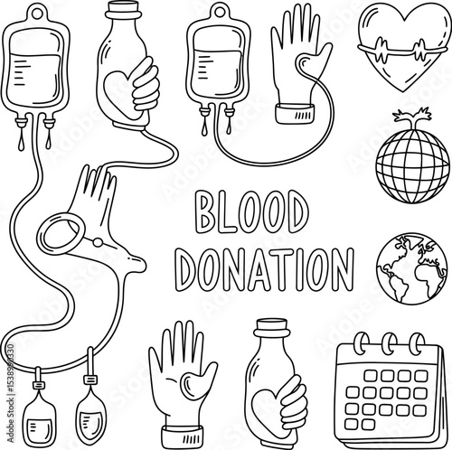 Black and white line art illustration of blood donation related symbols and text