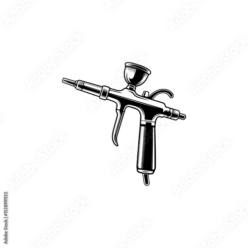 Illustration of airbrush gun in black and white style. Design element for logo, emblem, sign. Vector illustration