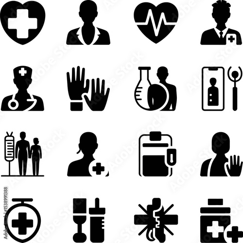 A collection of medical icons featuring doctors, patients, and medical equipment