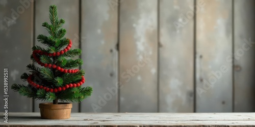 Miniature Festive Evergreen Decorated with a Red Berry Garland on Rustic Wooden Surface