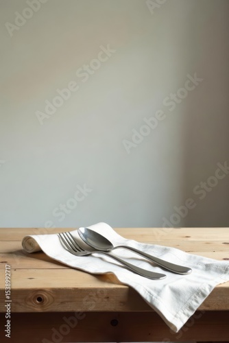 Simple Elegance Silverware Resting on a Linen Napkin on a Rustic Wooden Table