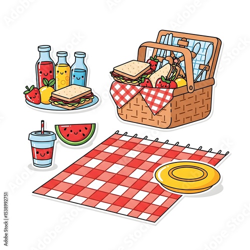 Colorful picnic basket and food items for outdoor enjoyment
