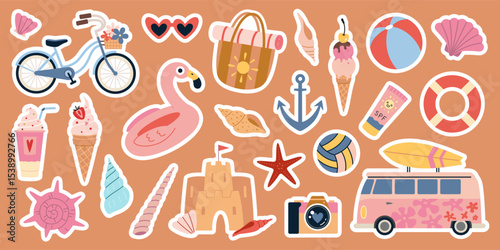 Colorful summer vacation sticker pack with beach elements like ice cream, bicycle, sunglasses, inflatable flamingo and sea shells. Die cut with white outline. Trendy modern flat vector illustration