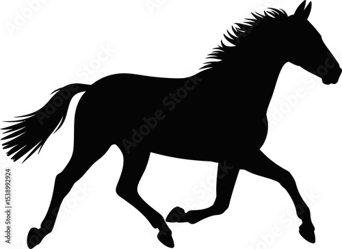 A black silhouette of a horse running at a gallop against a white background plain