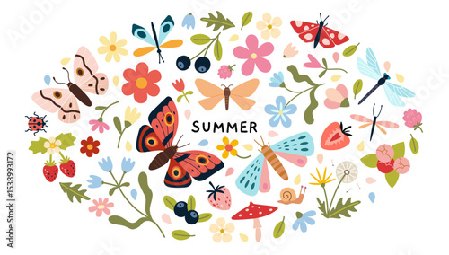 Bright summer nature Round composition with butterflies, flowers, berries, dragonflies and leaves on white background. Trendy modern vector illustration, hand drawn, flat design