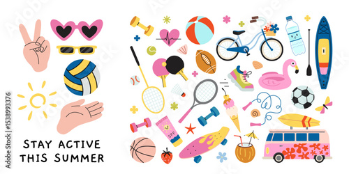 Colorful summer activity icons set with sports equipment, beach items and fitness symbols. Trendy modern vector illustration isolated on white background, hand drawn, flat design