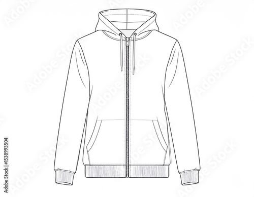 Technical drawing of a zip-up hoodie.  Detailed outline of a plain, hooded sweatshirt with a zipper front, long sleeves, and side pockets.  The design is presented in a simple, clear technical style