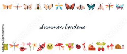 Cute summer border design with butterflies, flowers, berries, frogs, mushrooms and insects. Trendy modern vector illustration isolated on white background, hand drawn, flat design