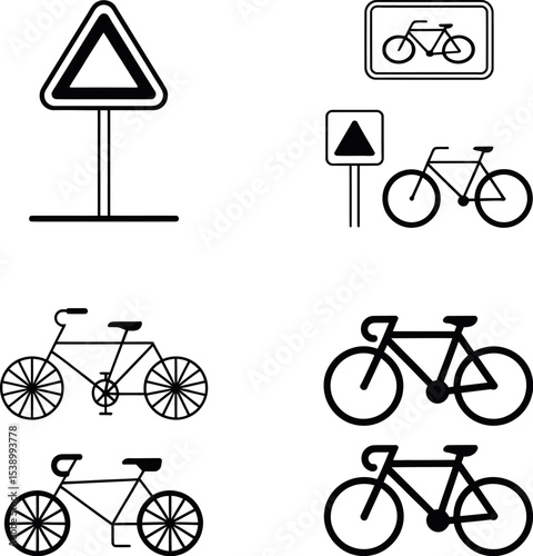 A collage of black and white bicycle and triangle road sign vector illustrations