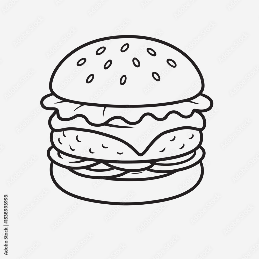A charming, hand-drawn burger, sketchy line art. Loose, imperfect, and organic lines with varied weight. The burger is slightly tilted with a whimsical character. Sketchbook style, ink drawing, isolat A charming, hand-drawn burger, sketchy line art. Loose, imperfect, and organic lines with varied weight. The burger is slightly tilted with a whimsical character. Sketchbook style, ink drawing, isolat