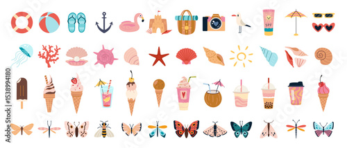 Big set of cute summer icons including various ice cream, seashells, butterflies, flowers and beach elements.  Trendy modern vector illustration isolated on white background, hand drawn, flat design