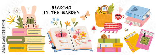 Summer set with books, flowers and cute details for garden reading and relaxation. Trendy modern vector illustration isolated on white background, hand drawn, flat design