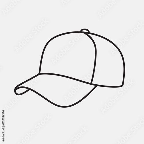 Technical drawing of a cricket cap, blueprint style. Orthographic views: front, side, and top. Dotted lines show the construction and panel shapes. Clean, precise lines, diagrammatic, on a white backg