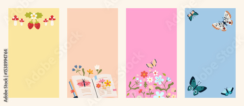 Set of vertical summer backgrounds for social media stories and posts. Designs with butterflies, flowers, books and mushrooms. Trendy modern vector illustration, hand drawn, flat design
