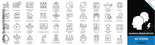 Collection of 40 human resources icons, A clean line-style icon pack covering essential human resources elements.
