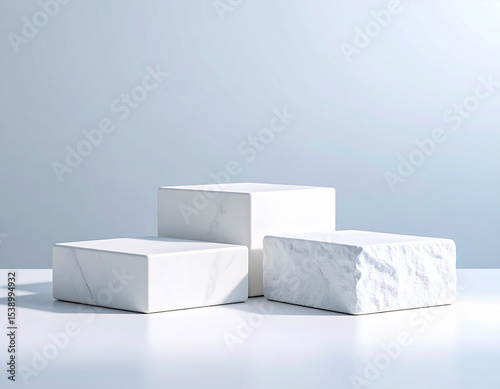 White marble cubes as product podium on light blue background