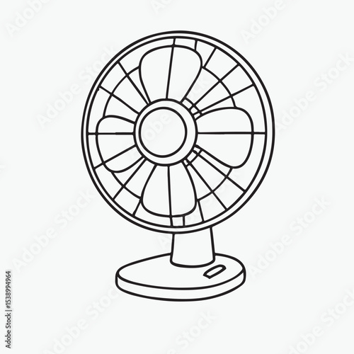 Vector outline of a table fan, front view, with motion lines indicating the spinning blades. The protective cage is clearly detailed, while the blades behind are represented by blurred, circular motio