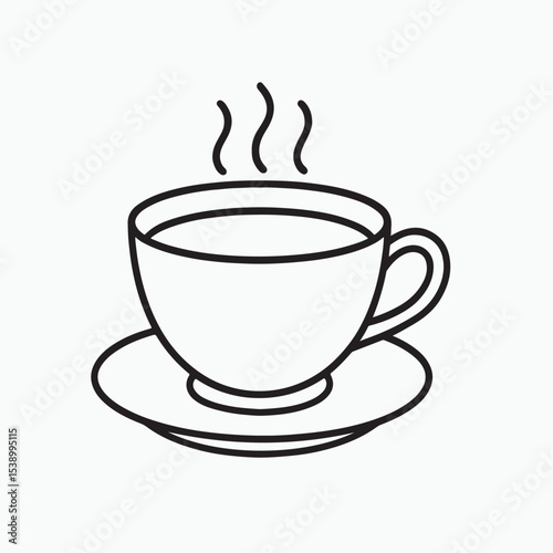 Vector outline of a teacup and saucer, with delicate wisps of steam rising from the cup. A tea bag tag is hanging over the side. Clean lines, minimalist feel, side view, monochrome.