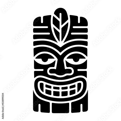 Tiki tribal wooden mask set and Tiki mug. Hawaiian traditional elements. Colored, wooden and black and white silhouette. Vector illustration