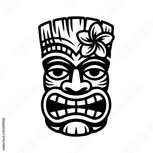 Tiki tribal wooden mask set and Tiki mug. Hawaiian traditional elements. Colored, wooden and black and white silhouette. Vector illustration